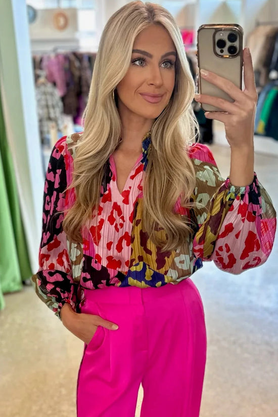 Blusa pieghetta con stampa patchwork rosa leopardo
