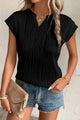 Black Wavy Textured Button V Neck Tee