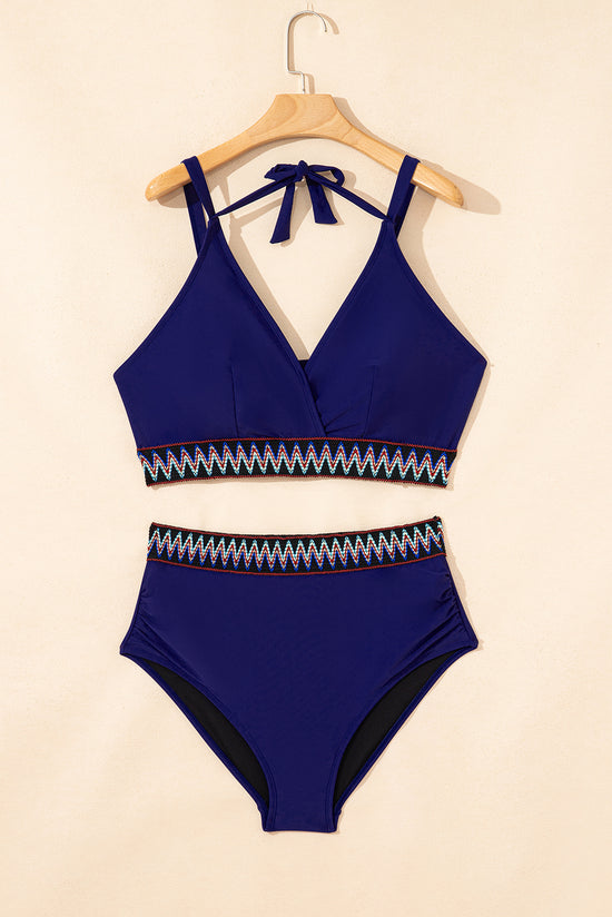 Azul marino azul bordado envolvente nudo de un bikini de cintura alta talla grande