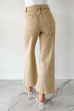 Jeans cortados de perna larga com costura central de sândalo vermelho cor sólida
