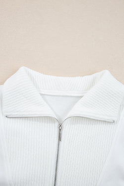 White Ribbed Collar Drop Shoulder Sweatshirt and Shorts Set