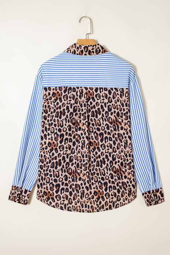 Racing Red Striped Leopard Print Patchwork Button Up Womens Shirt