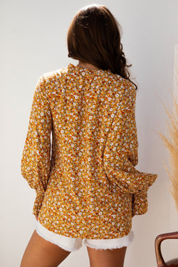 Chemisier d'automne orange à manches bouffantes et à volants floraux style Boho, col en V