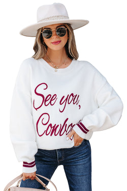 Bianco See You Cowboy ricamato maglione grafico occidentale