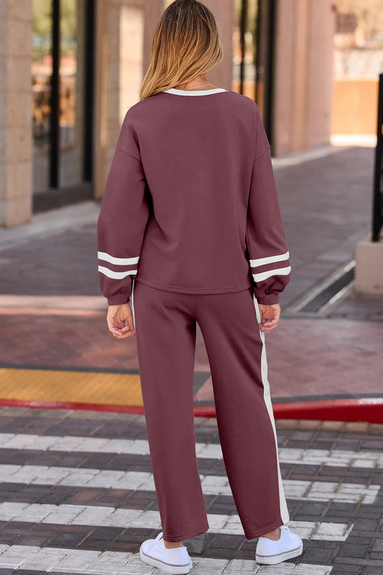 Ensemble pantalon et pull à manches bouffantes en patchwork à rayures universitaires rouge minéral avec cordon de serrage et pantalon à jambes larges