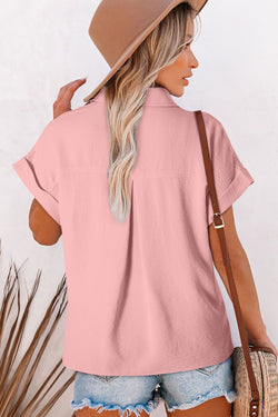 Pink Solid Color Cuffed Short Sleeve Shirt