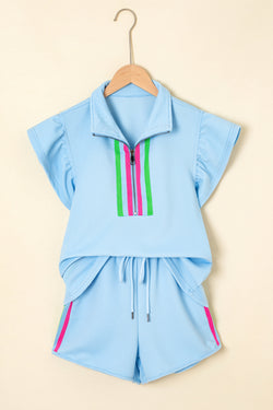 Strawberry rosa Detalle a rayas Flutter manga collar con cremallera juego corto