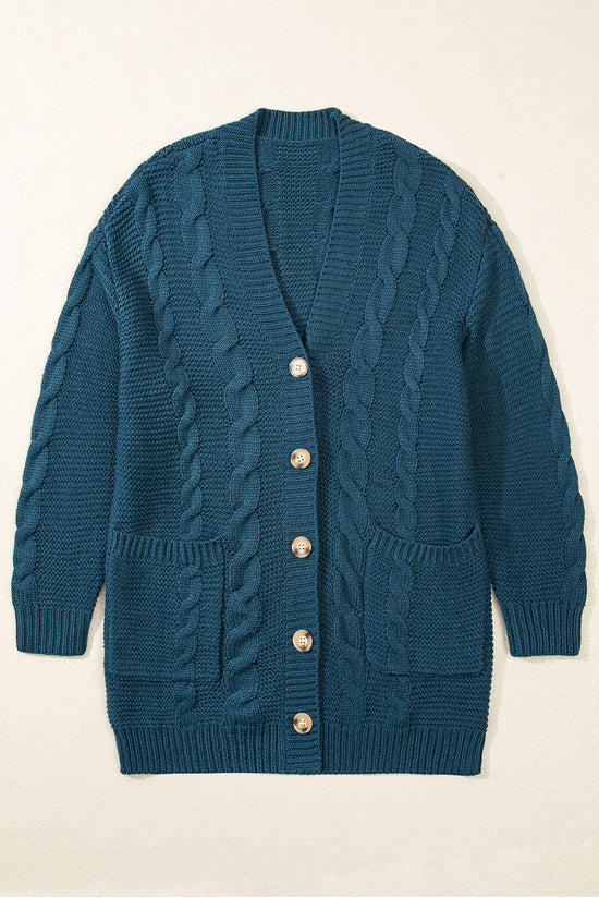 Pulsante blu blu pavone a bordo anteriore in tasca larga cardigan