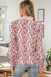 Floral Print Frilled Striped Trim Button Down Smocked Cuffs Long Sleeve Shirt