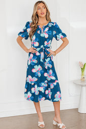 Blue Floral Print Short Puff Sleeve Ruffle Hem Belted Long Dress