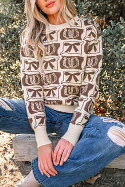 Brown Bows & Horseshoes Pattern Sweater Western Fashion