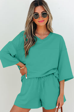 Meadow Mist Green Solid Sole Lo suelto V Neck Media manga y pantalones pantalones cortos