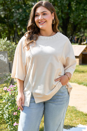 Beige Pearl Decor Crew Neck Miciccia Taglie a mezza maglietta