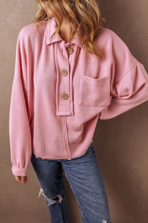 Top Henley con colletto a costola rosa con tasca del torace