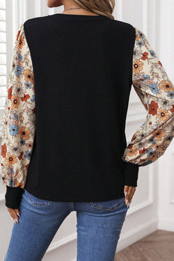 Khaki Leopard Puff Sleeve Patchwork Top