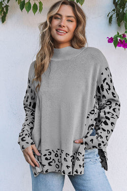 Chaqued Leopard High Neck Latern Slit Sweater de grandes dimensões