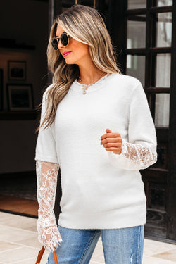 Significa per patchwork a manica in pizzo beige finto maglione fuzzy