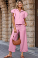 Manga con textura rosa Top con cremallera y pantalones de pierna ancha