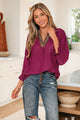 Violet Leopard Trim V Neck Flounced Bracelet Sleeve Blouse
