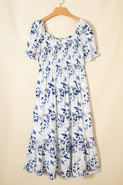 Sky Blue Smocked Bodice Short Puff Sleeve Tiered Floral Midi Dress