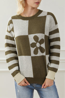 Maglione a strisce floreali a scacchi marrone