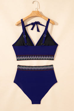 Azul marino azul bordado envolvente nudo de un bikini de cintura alta talla grande