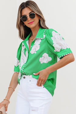 Green Floral Ric Rac Edge Solle Sleeve Botton Up Sump