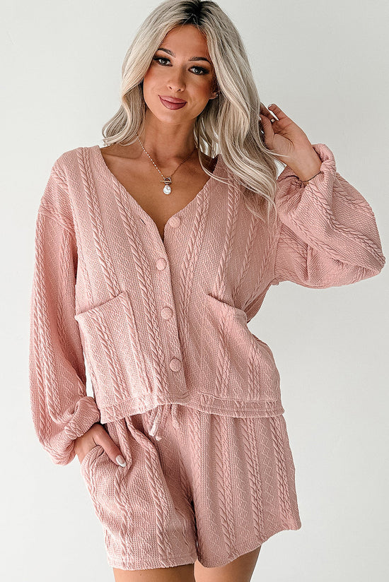 Ensemble short et cardigan en tricot torsadé rose Gossamer à col en V