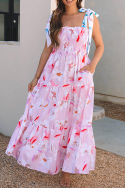 Robe maxi à l'épaule nouée à imprimé floral rose