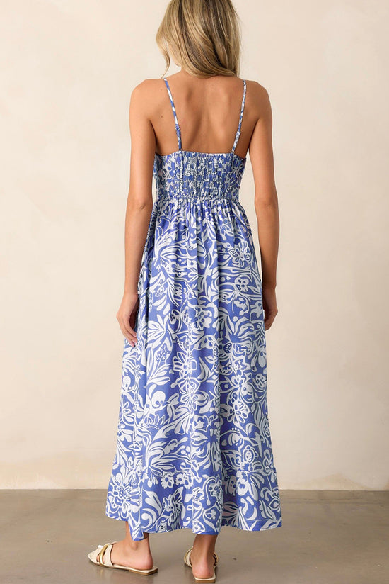 Sky Blue Floral Stampa Spaghetti Cinghia Maxi Abito in vita alta