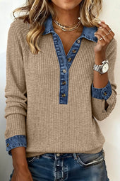 Beige Ribbed Knit Denim Patchwork Button Polo Collar Cuffed Long Sleeve Top