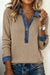 Beige Ribbed Knit Denim Patchwork Button Polo Collar Cuffed Long Sleeve Top