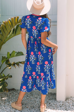 Blue Floral Puff Short Sleeve V Neck High Waist Maxi Dress