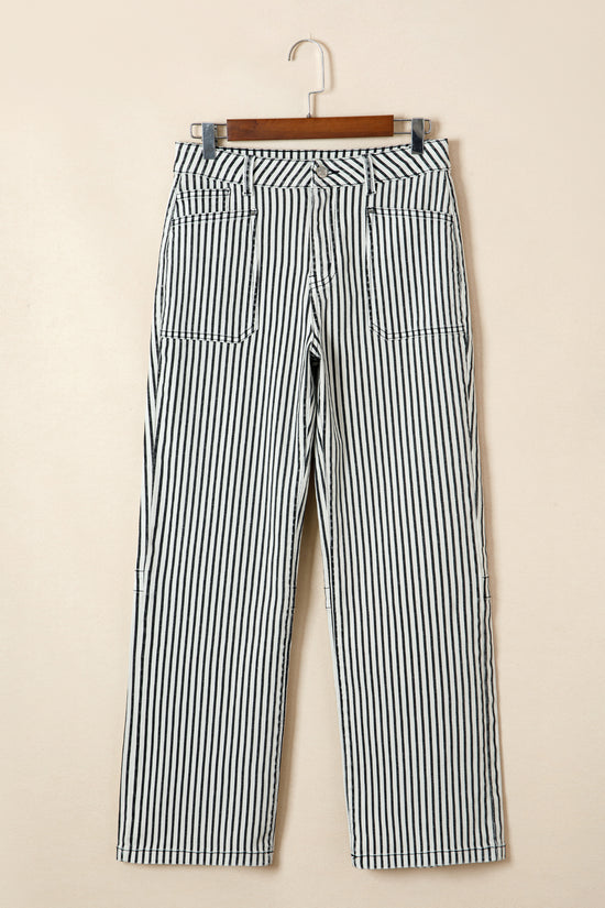 Jean en denim droit taille haute à rayures et poches plaquées noir