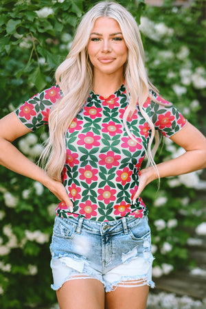 T-shirt à imprimerie florale rouge de feu.
