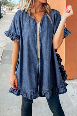 Dusk Blue Chambray Ruffle Hem Mede manga abierta Kimono suelta