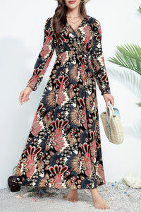 Impressão floral preta V Vestido maxi de cintura alta de pescoço