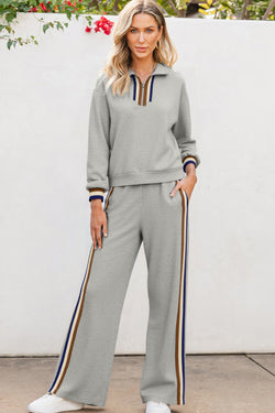 Black Striped Patchwork Quarter Zip Pullover Loose Pant Set