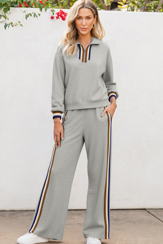Black Striped Patchwork Quarter Zip Pullover Loose Pant Set