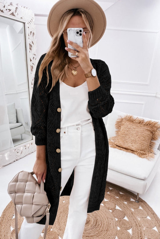 Grey Hollow-out Openwork Knit Cardigan