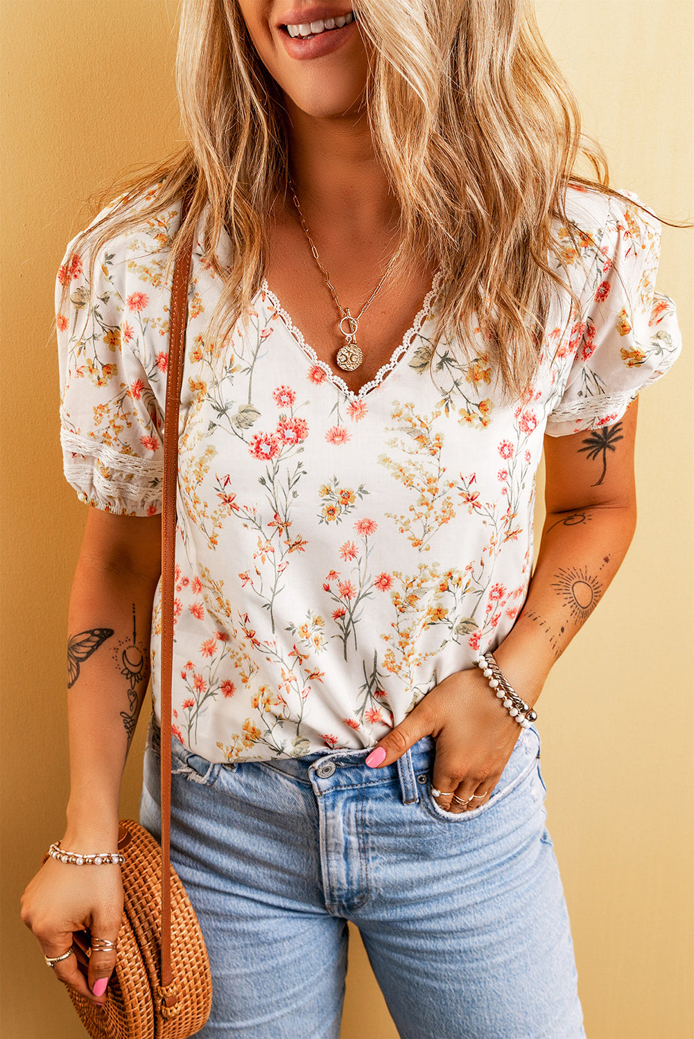Blusa de manga corta beige boho boho