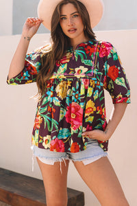 Blusa a mezza manica ricamato a fiore di rosa viola grigiastra