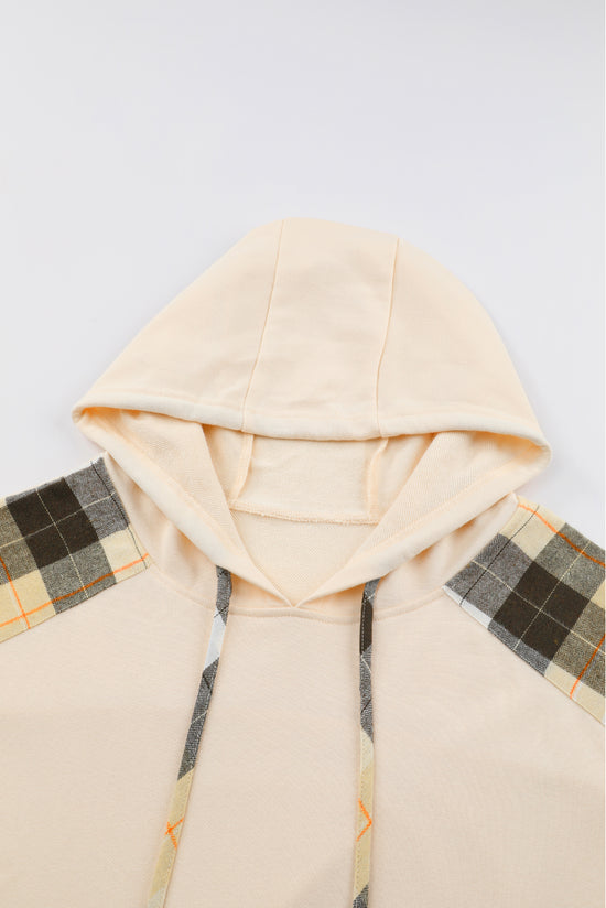 Khaki Plaid Patchwork Kangaroo Pocket Oversized Hoodie