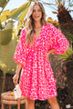 Pink or black Leopard Print Elasticated V Neck 3/4 Puff Sleeve Dress