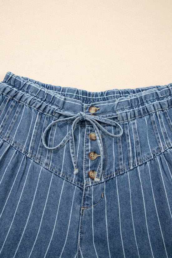 Vaqueros de pierna ancha casual con cordón plisado y botones a rayas azul cielo
