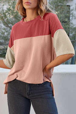 Flitte laterali a costine a costine di colore rosa Top a mezza manica