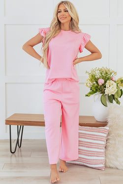 Pink Textured Pearled Ruffled Sleeve Wide Leg Pants Set