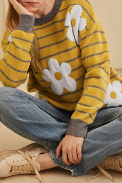 Stripe giallo margherita floreale a maglia rotonda a maglia a maglia