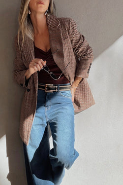 Blazer de collar de solapa de pecho de pecho marrón