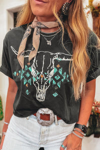 Gris carbone vintage western the-têtes crâne turquoise aztec graphique T-shirt